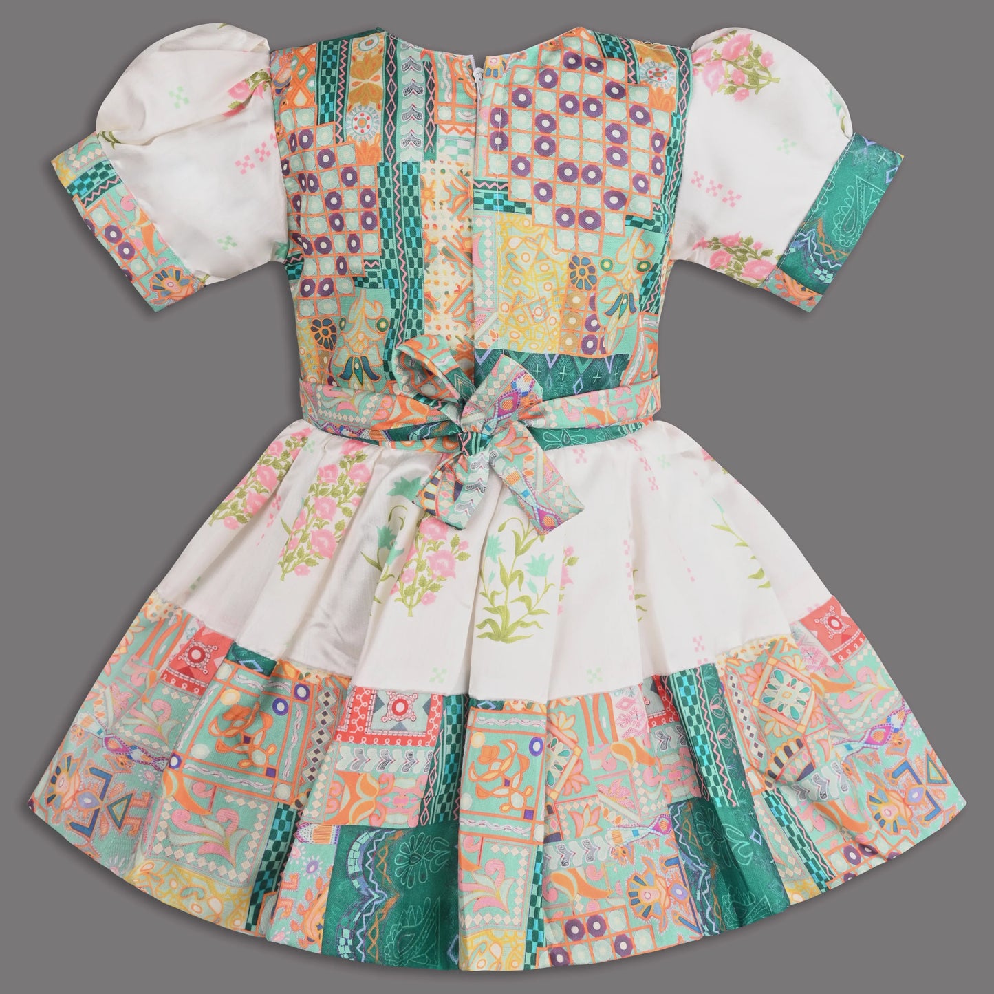 Multicolor Printed Satin Ethnic Frock with Beaded Neckline