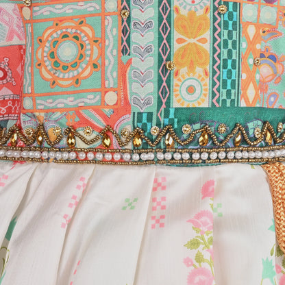 Multicolor Printed Satin Ethnic Frock with Beaded Neckline