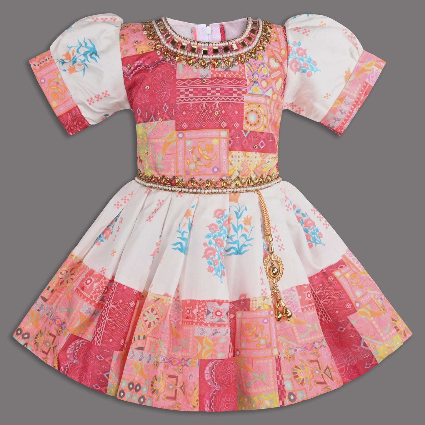 Multicolor Printed Satin Ethnic Frock with Beaded Neckline