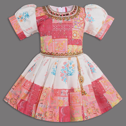 Multicolor Printed Satin Ethnic Frock with Beaded Neckline