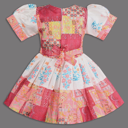 Multicolor Printed Satin Ethnic Frock with Beaded Neckline