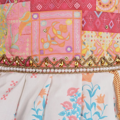 Multicolor Printed Satin Ethnic Frock with Beaded Neckline