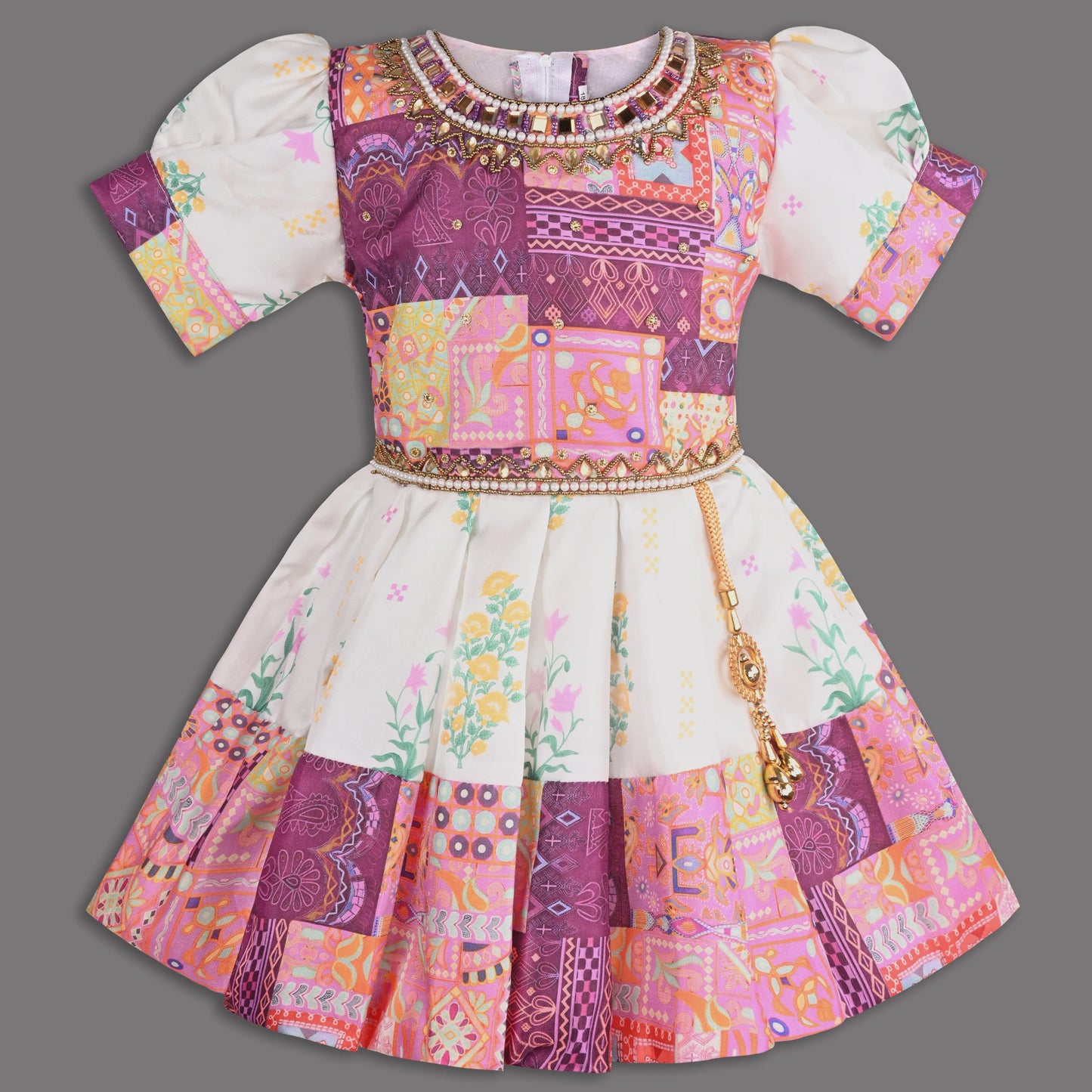 Multicolor Printed Satin Ethnic Frock with Beaded Neckline