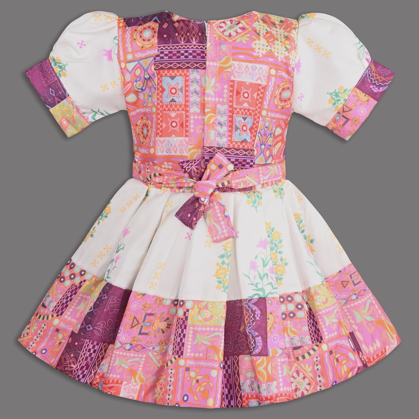 Multicolor Printed Satin Ethnic Frock with Beaded Neckline