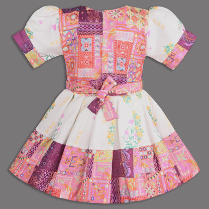 Multicolor Printed Satin Ethnic Frock with Beaded Neckline