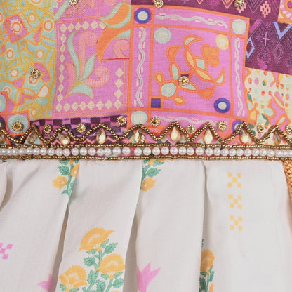 Multicolor Printed Satin Ethnic Frock with Beaded Neckline