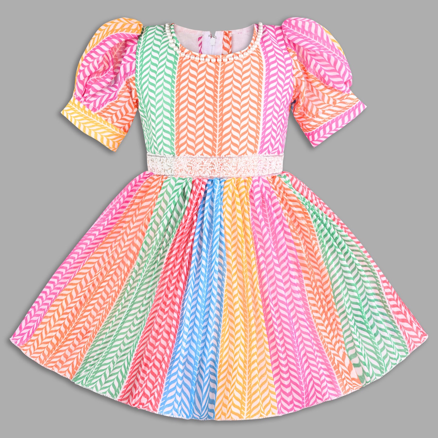 Girls Multicolor Party Wear Fit & Flare Dress | Georgette Fabric | Puff Sleeves & Beaded Neck Design