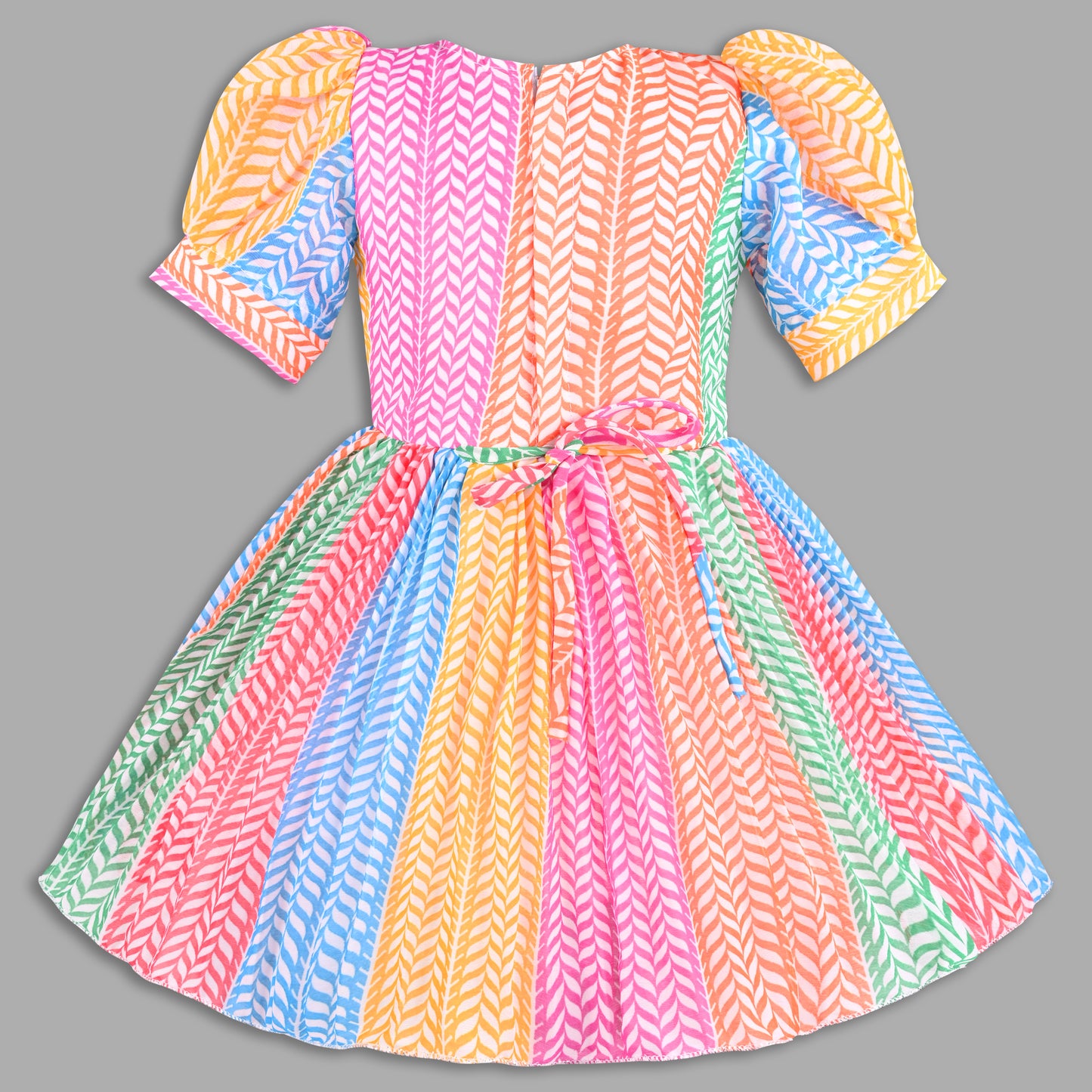 Girls Multicolor Party Wear Fit & Flare Dress | Georgette Fabric | Puff Sleeves & Beaded Neck Design