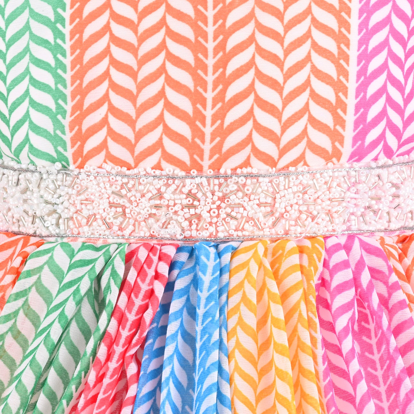 Girls Multicolor Party Wear Fit & Flare Dress | Georgette Fabric | Puff Sleeves & Beaded Neck Design