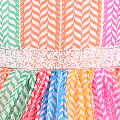 Girls Multicolor Party Wear Fit & Flare Dress | Georgette Fabric | Puff Sleeves & Beaded Neck Design