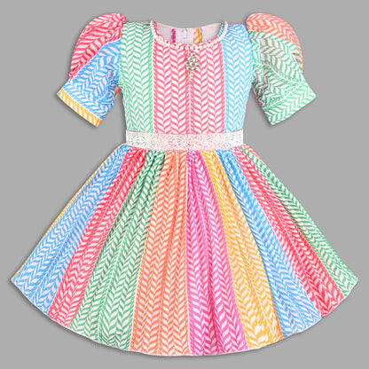 Girls Multicolor Party Wear Fit & Flare Dress | Georgette Fabric | Puff Sleeves & Beaded Neck Design