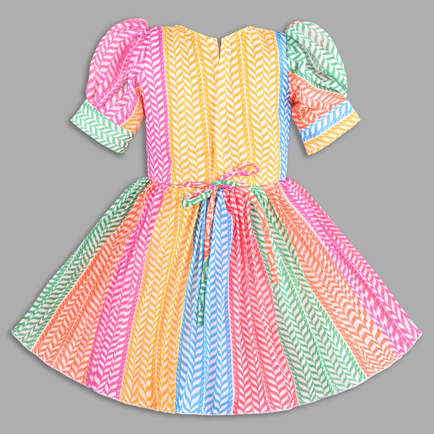 Girls Multicolor Party Wear Fit & Flare Dress | Georgette Fabric | Puff Sleeves & Beaded Neck Design