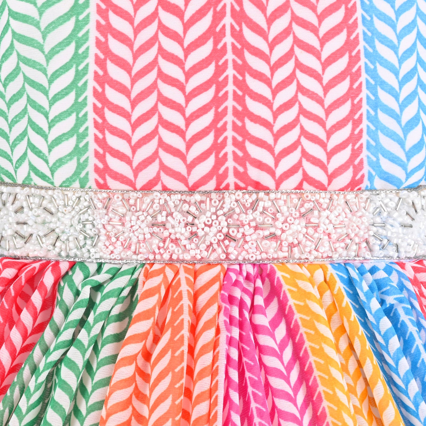 Girls Multicolor Party Wear Fit & Flare Dress | Georgette Fabric | Puff Sleeves & Beaded Neck Design