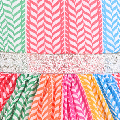 Girls Multicolor Party Wear Fit & Flare Dress | Georgette Fabric | Puff Sleeves & Beaded Neck Design