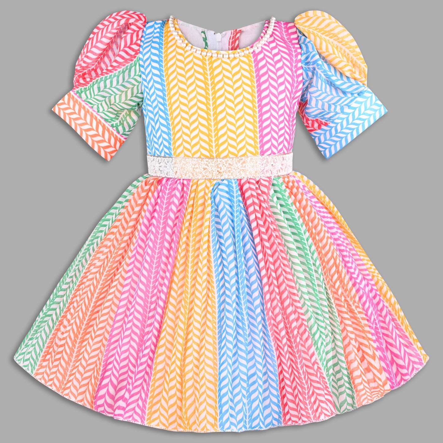 Girls Multicolor Party Wear Fit & Flare Dress | Georgette Fabric | Puff Sleeves & Beaded Neck Design