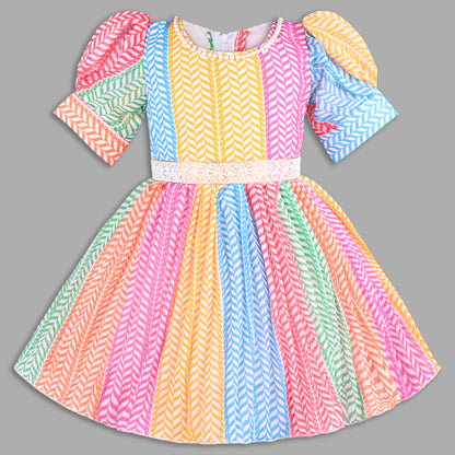 Girls Multicolor Party Wear Fit & Flare Dress | Georgette Fabric | Puff Sleeves & Beaded Neck Design
