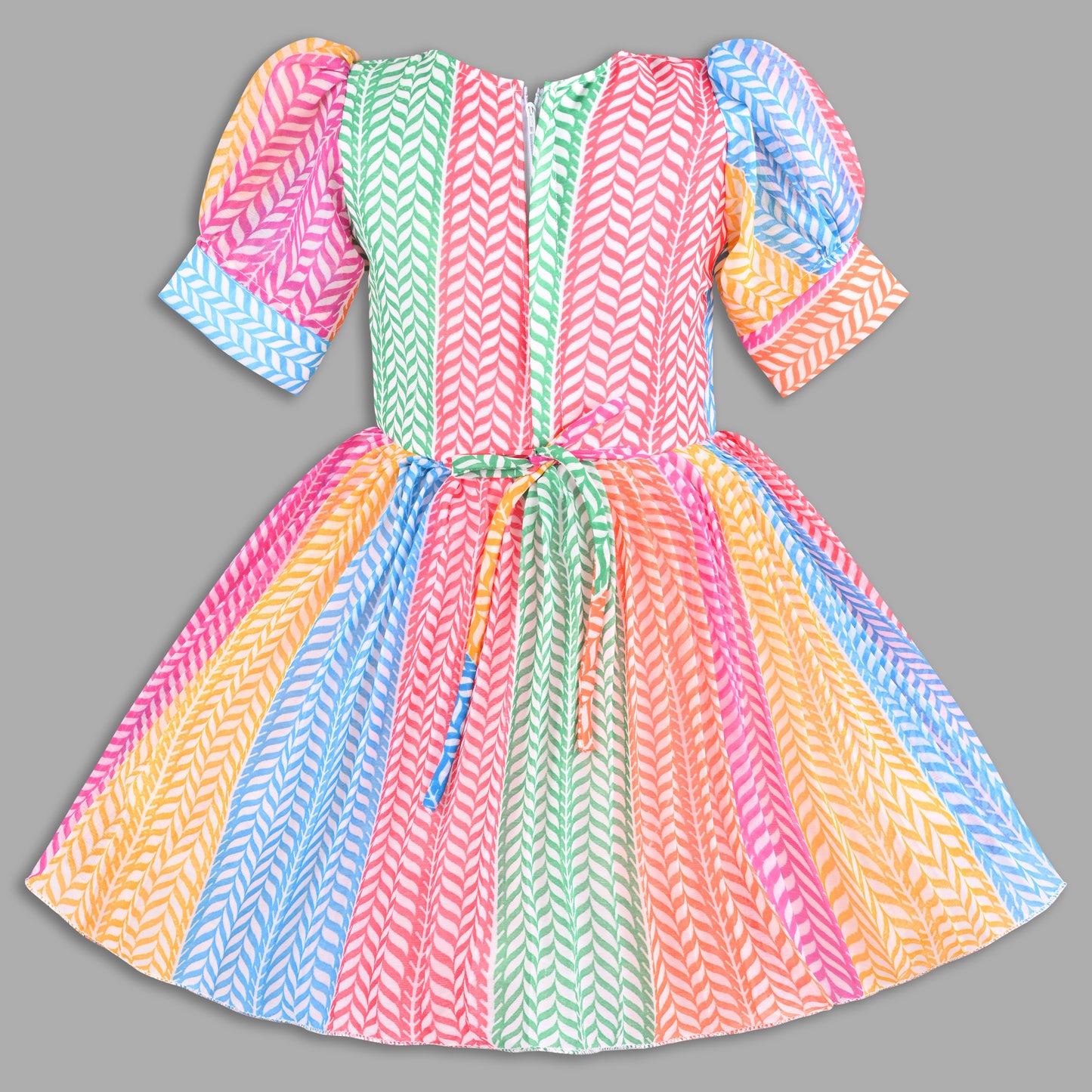 Girls Multicolor Party Wear Fit & Flare Dress | Georgette Fabric | Puff Sleeves & Beaded Neck Design