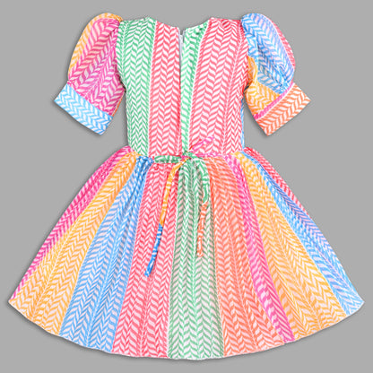 Girls Multicolor Party Wear Fit & Flare Dress | Georgette Fabric | Puff Sleeves & Beaded Neck Design