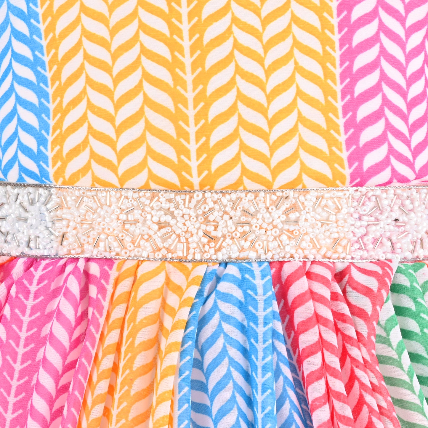 Girls Multicolor Party Wear Fit & Flare Dress | Georgette Fabric | Puff Sleeves & Beaded Neck Design