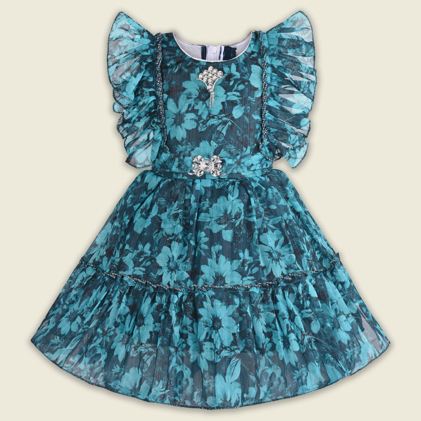 Baby Girls Georgette Party Wear Dress | Floral Printed Frock with Ruffle Sleeves & Stone Work | Birthday & Festive Outfit