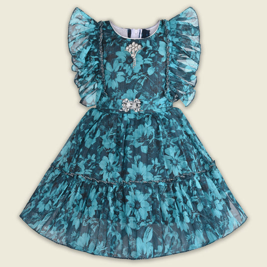 Baby Girls Georgette Party Wear Dress | Floral Printed Frock with Ruffle Sleeves & Stone Work | Birthday & Festive Outfit