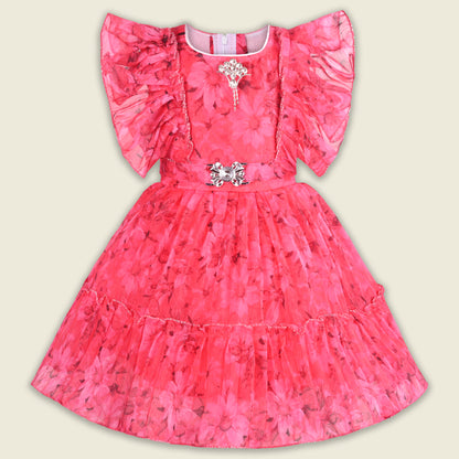 Baby Girls Georgette Party Wear Dress | Floral Printed Frock with Ruffle Sleeves & Stone Work | Birthday & Festive Outfit