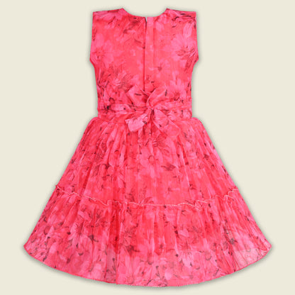 Baby Girls Georgette Party Wear Dress | Floral Printed Frock with Ruffle Sleeves & Stone Work | Birthday & Festive Outfit