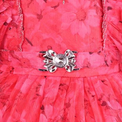 Baby Girls Georgette Party Wear Dress | Floral Printed Frock with Ruffle Sleeves & Stone Work | Birthday & Festive Outfit