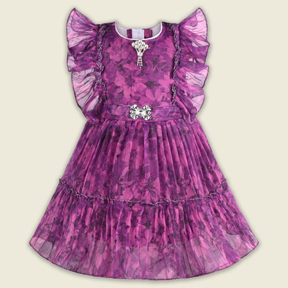 Baby Girls Georgette Party Wear Dress | Floral Printed Frock with Ruffle Sleeves & Stone Work | Birthday & Festive Outfit