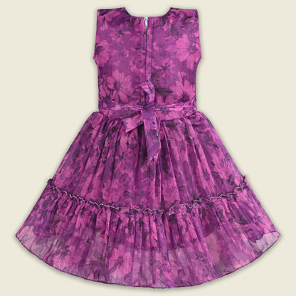 Baby Girls Georgette Party Wear Dress | Floral Printed Frock with Ruffle Sleeves & Stone Work | Birthday & Festive Outfit