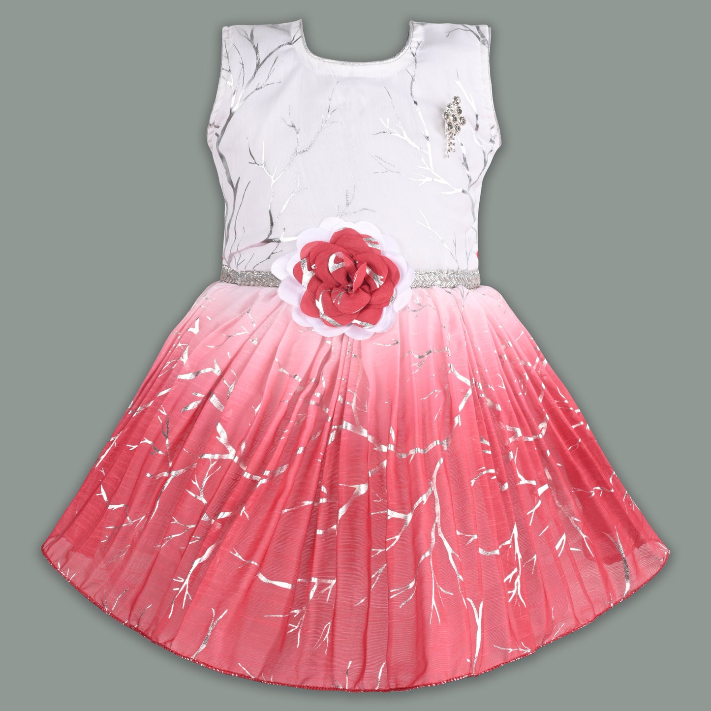 Baby Girls Chiffon Party Wear Dress | Ombre Floral Frock with Waist Flower & Stone Work | Birthday & Festive Outfit