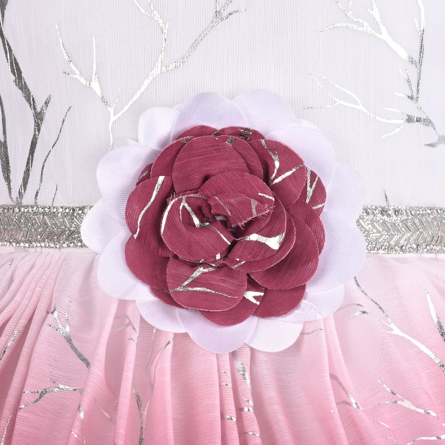 Baby Girls Chiffon Party Wear Dress | Ombre Floral Frock with Waist Flower & Stone Work | Birthday & Festive Outfit