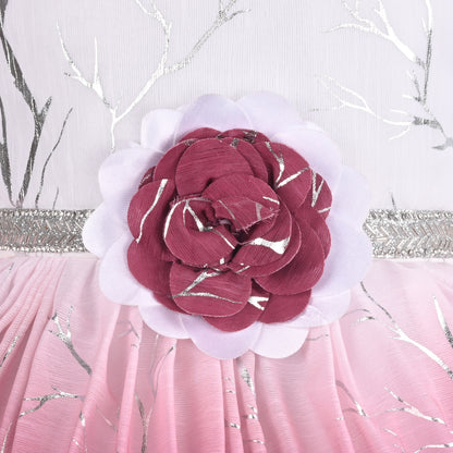 Baby Girls Chiffon Party Wear Dress | Ombre Floral Frock with Waist Flower & Stone Work | Birthday & Festive Outfit