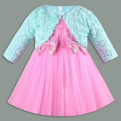 Baby Girls Net Party Wear Frock with Fur Shrug & Sequin Bow