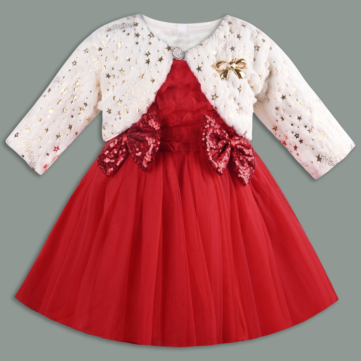 Baby Girls Net Party Wear Frock with Fur Shrug & Sequin Bow