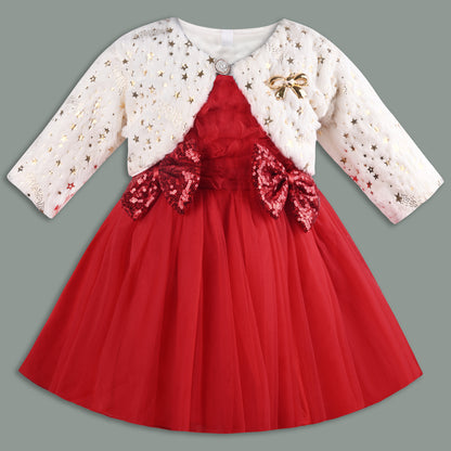 Baby Girls Net Party Wear Frock with Fur Shrug & Sequin Bow