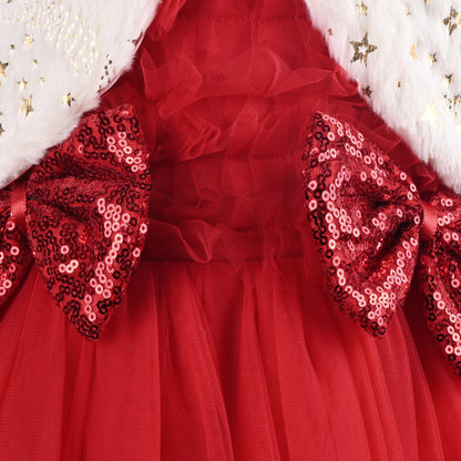 Baby Girls Net Party Wear Frock with Fur Shrug & Sequin Bow