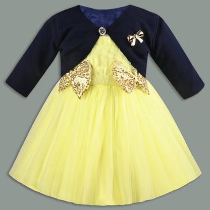 Baby Girls Net Party Wear Frock with Fur Shrug & Sequin Bow