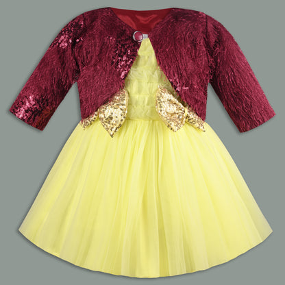 Baby Girls Net Party Wear Frock with Fur Shrug & Sequin Bow
