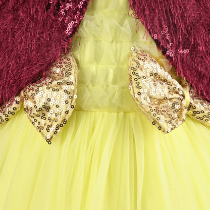 Baby Girls Net Party Wear Frock with Fur Shrug & Sequin Bow