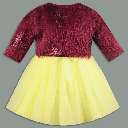 Baby Girls Net Party Wear Frock with Fur Shrug & Sequin Bow