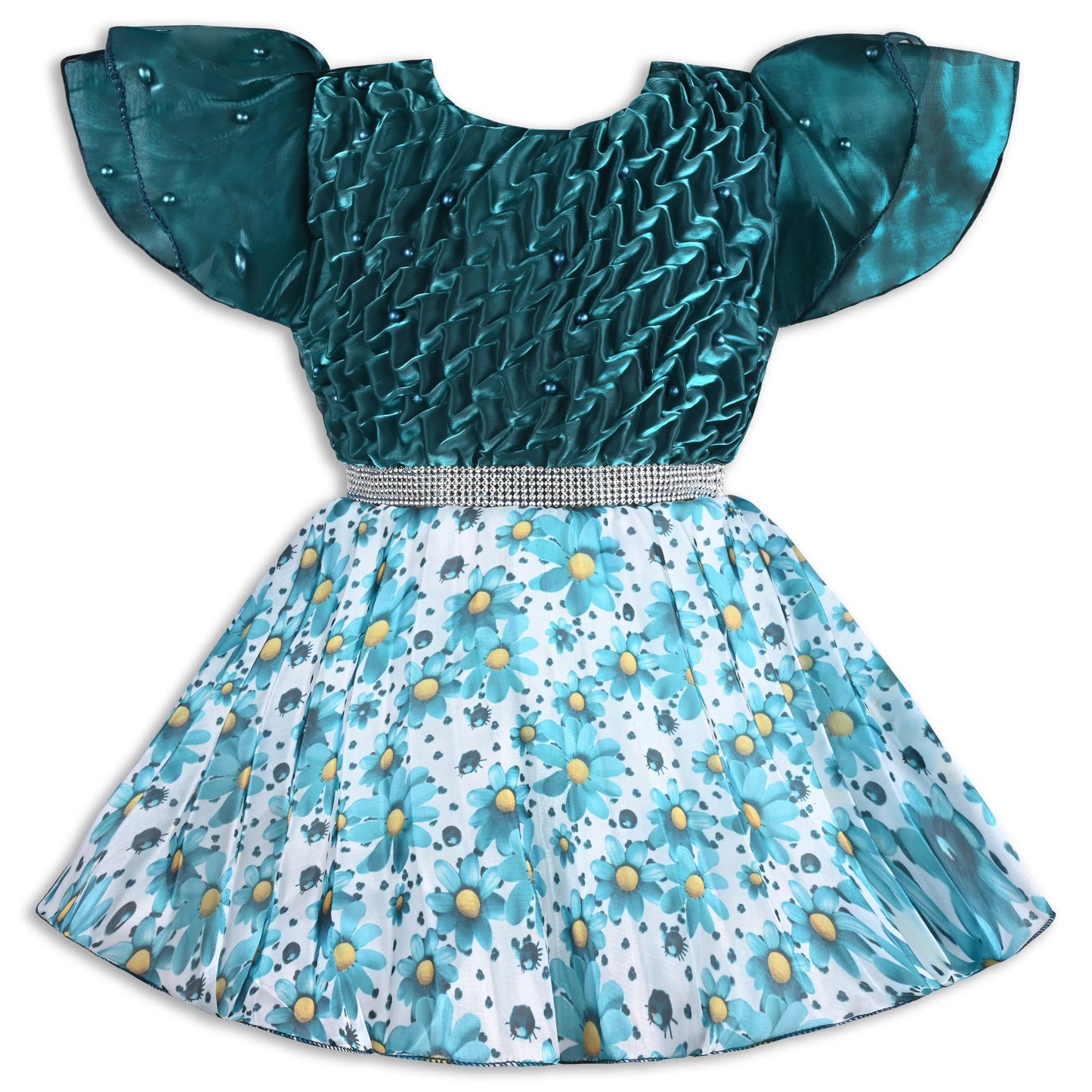 Satin Smocked Party Frock for Girls with Floral Skirt