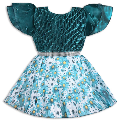 Satin Smocked Party Frock for Girls with Floral Skirt