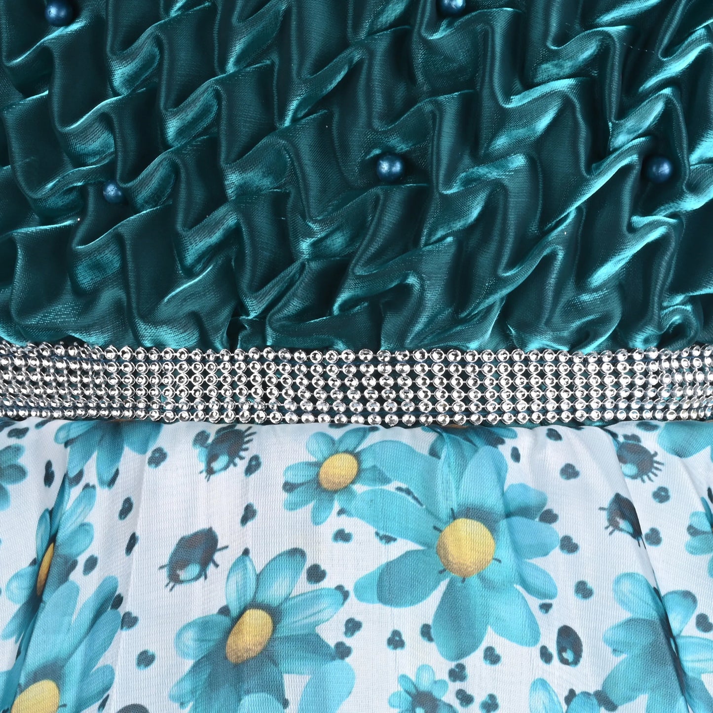 Satin Smocked Party Frock for Girls with Floral Skirt