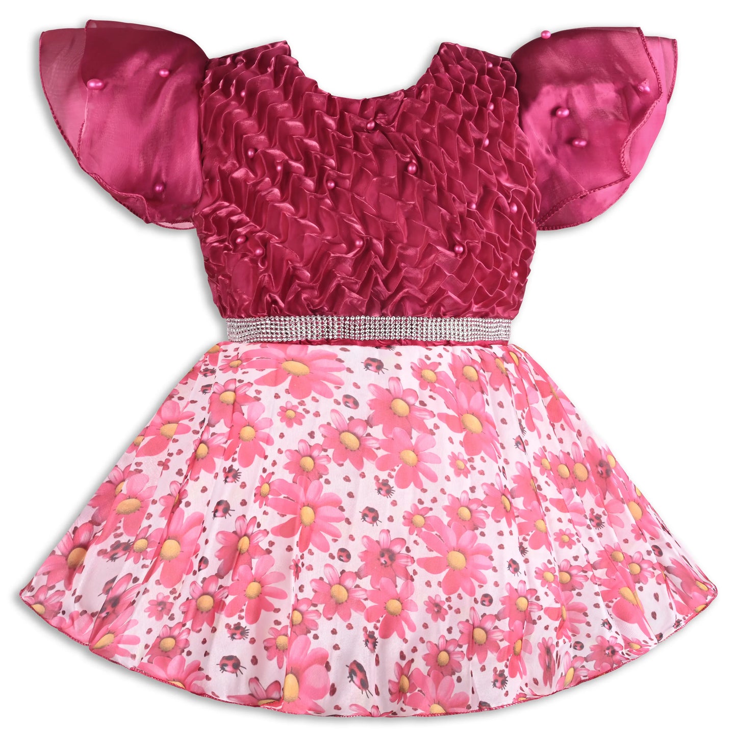 Satin Smocked Party Frock for Girls with Floral Skirt