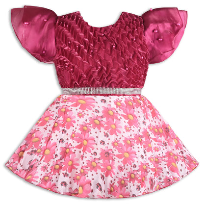Satin Smocked Party Frock for Girls with Floral Skirt