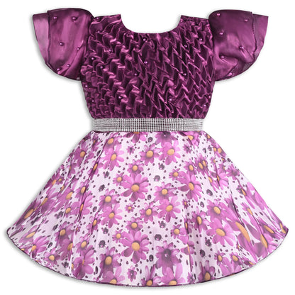 Satin Smocked Party Frock for Girls with Floral Skirt