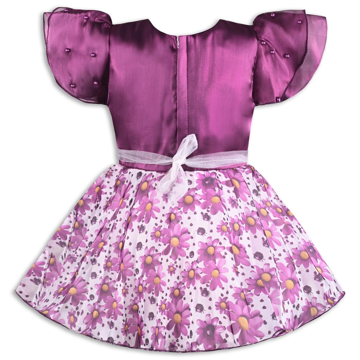 Satin Smocked Party Frock for Girls with Floral Skirt