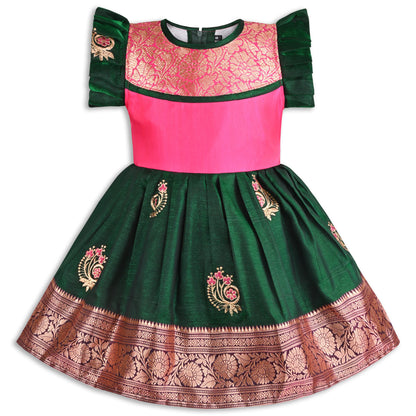 Girls Traditional Silk Party Frock – Banarasi Pattu Dress