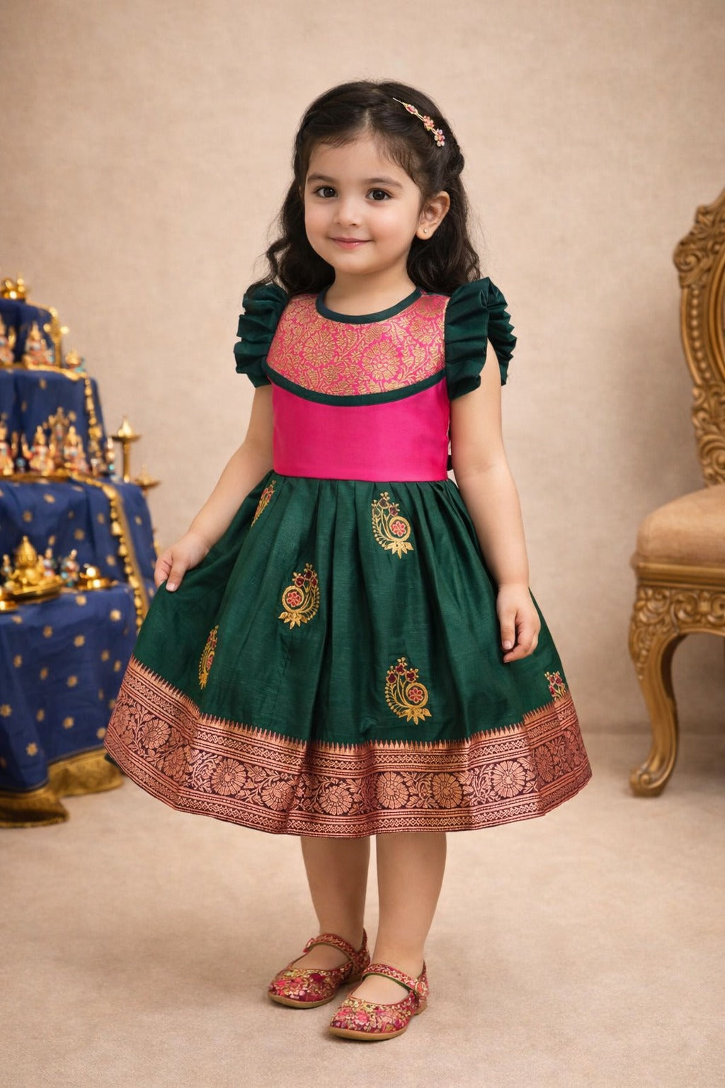 Girls Traditional Silk Party Frock – Banarasi Pattu Dress